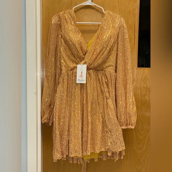 Gold Sequin Long Sleeve Dress - Picture 2 of 3